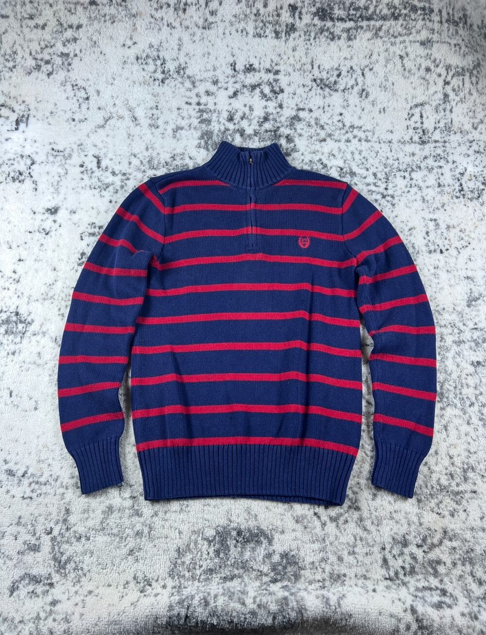 Chaps Sweater Youth 18/20 Blue Red Mock Neck Striped Knit Ribbed Preppy Pullover
